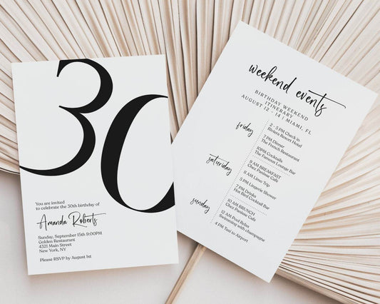 Editable 30th Birthday Weekend Itinerary Template - Simple Printable Birthday Weekend Invitation - Digital Weekend Party Schedule - Instant Download