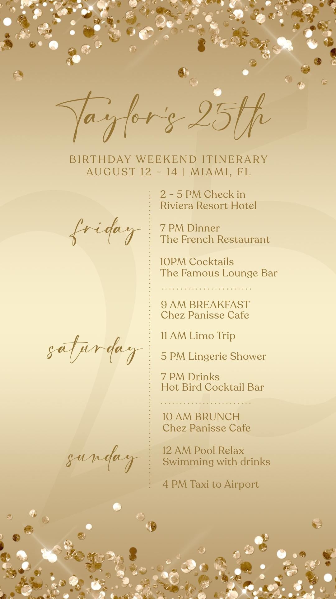 Electronic Golden Birthday Weekend Itinerary Template, Editable Birthday Itinerary, Digital Birthday Weekend Schedule, Gold Itinerary Invite