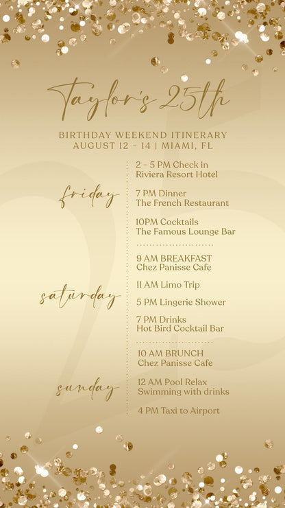 Electronic Golden Birthday Weekend Itinerary Template, Editable Birthday Itinerary, Digital Birthday Weekend Schedule, Gold Itinerary Invite