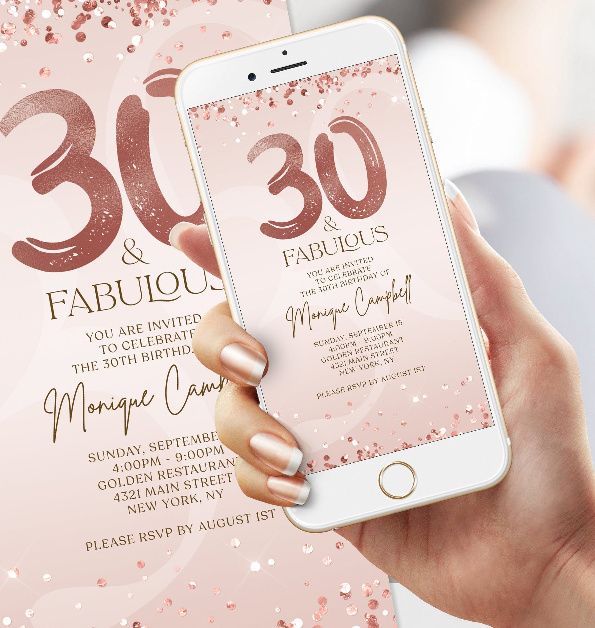 Digital Thirty and Fabulous Dinner Party Invite, 30th Birthday Invitation, Editable Rose Gold Ladies Evite, Electronic Text Message Evite