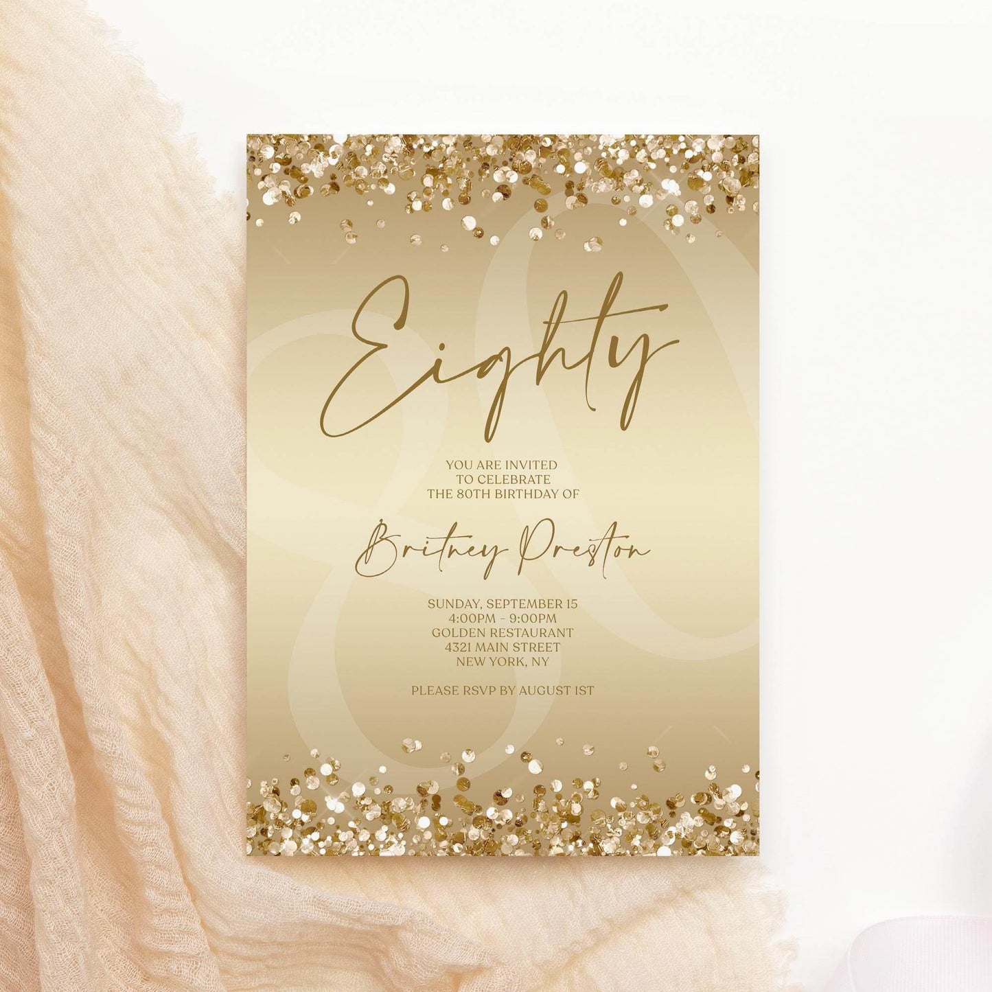 Gold 80th Birthday Invitation Template, Editable Gold Confetti Printable Invite, Surprise Party Card, Digital Text Message Evite