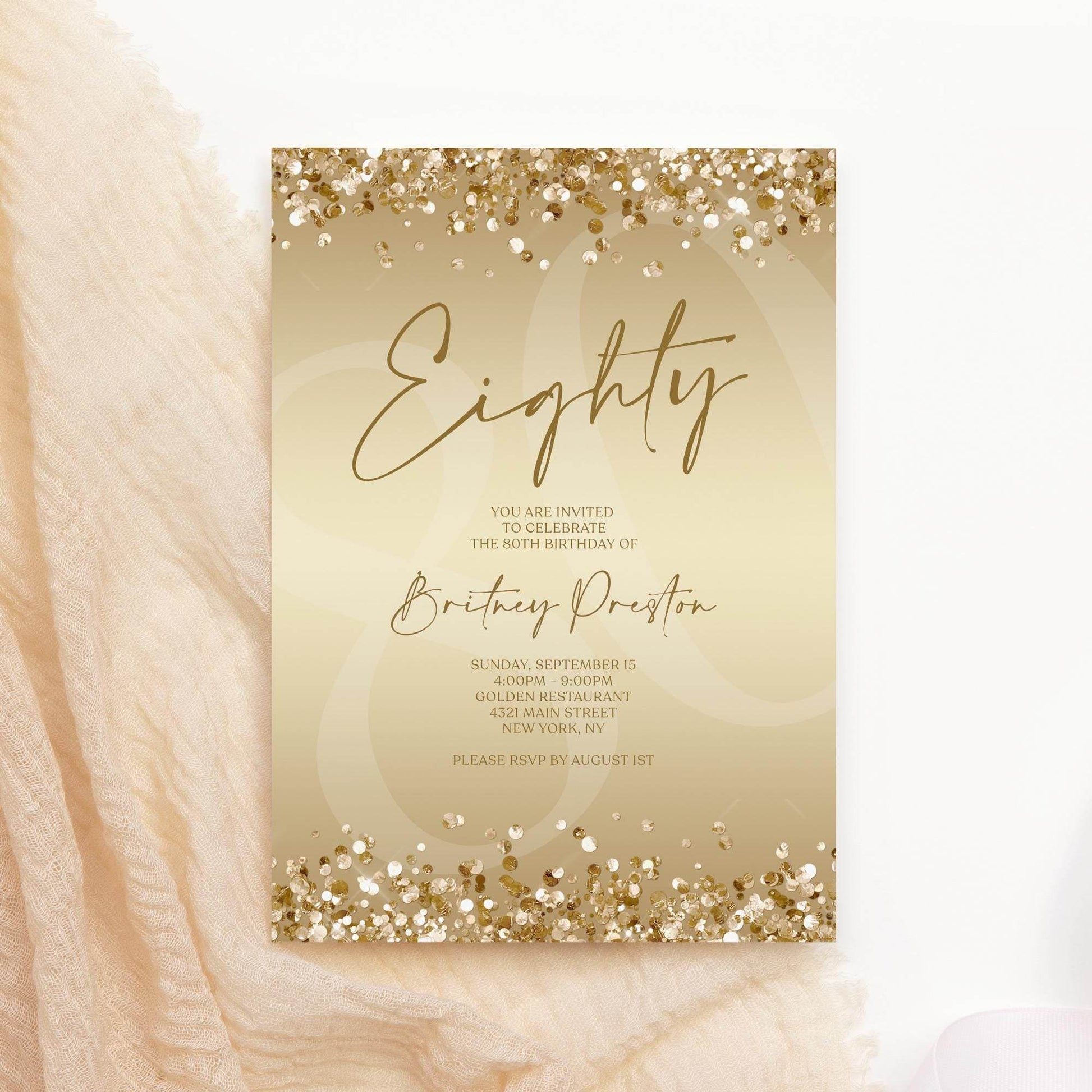 Gold 80th Birthday Invitation Template, Editable Gold Confetti Printable Invite, Surprise Party Card, Digital Text Message Evite