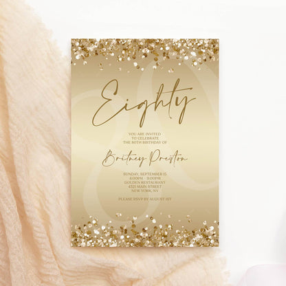 Gold 80th Birthday Invitation Template, Editable Gold Confetti Printable Invite, Surprise Party Card, Digital Text Message Evite