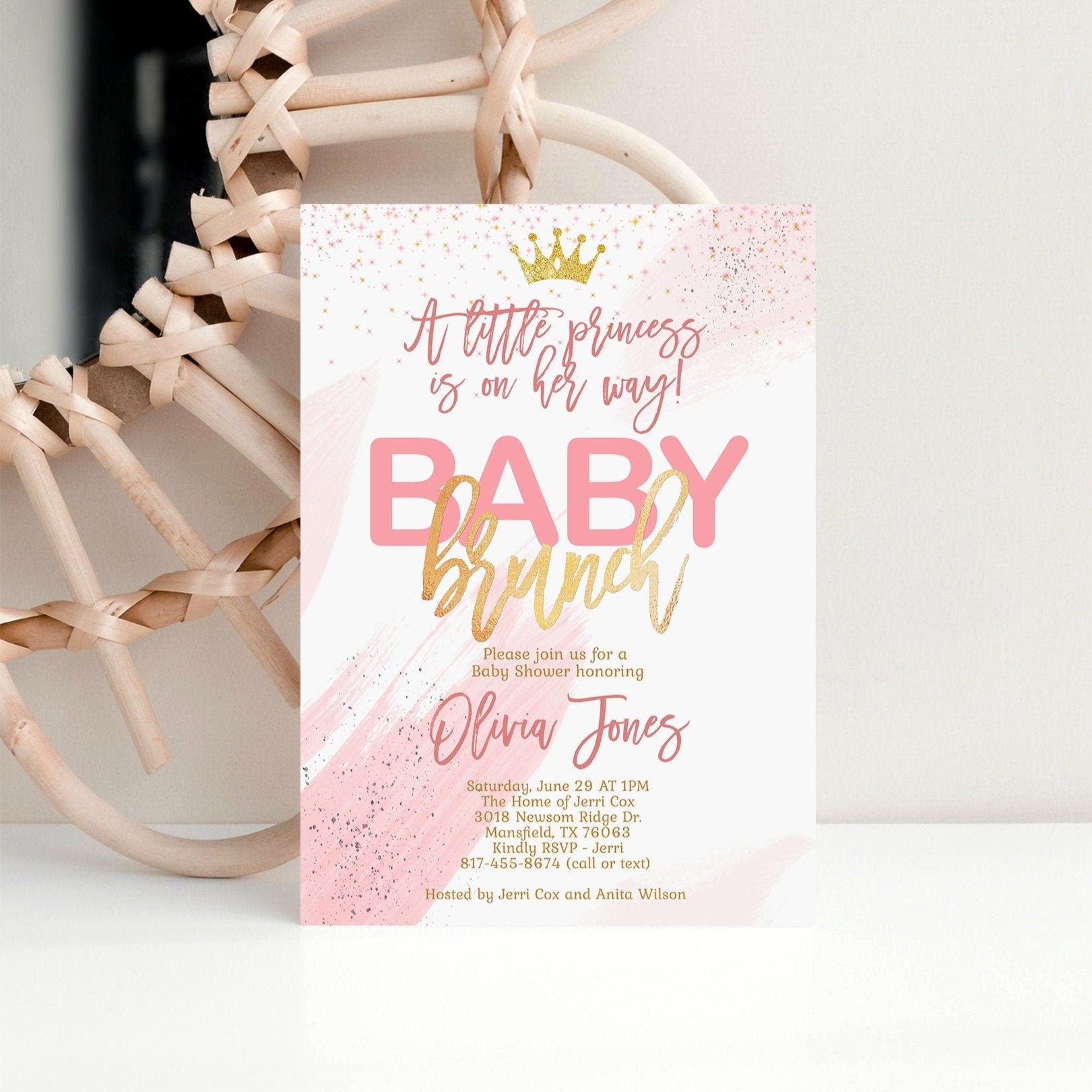 Girl Baby Brunch Invitation, Baby Shower Invitation, Pink Gold Watercolor Baby Brunch Invite Editable Baby Brunch Template, Instant Download