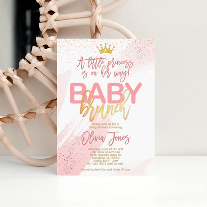 Girl Baby Brunch Invitation, Baby Shower Invitation, Pink Gold Watercolor Baby Brunch Invite Editable Baby Brunch Template, Instant Download