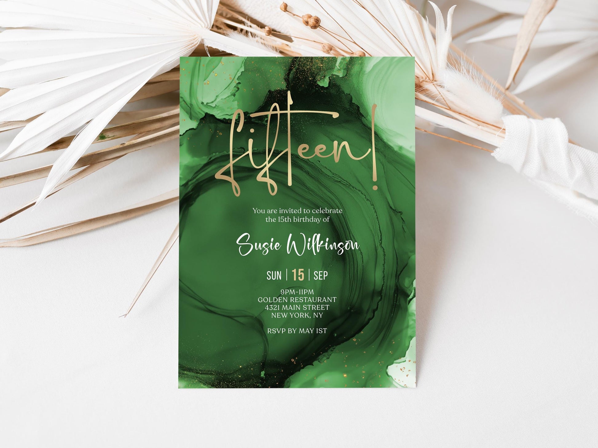 15th Birthday Invitation Template - Green Emerald Gold Design | Instant Download