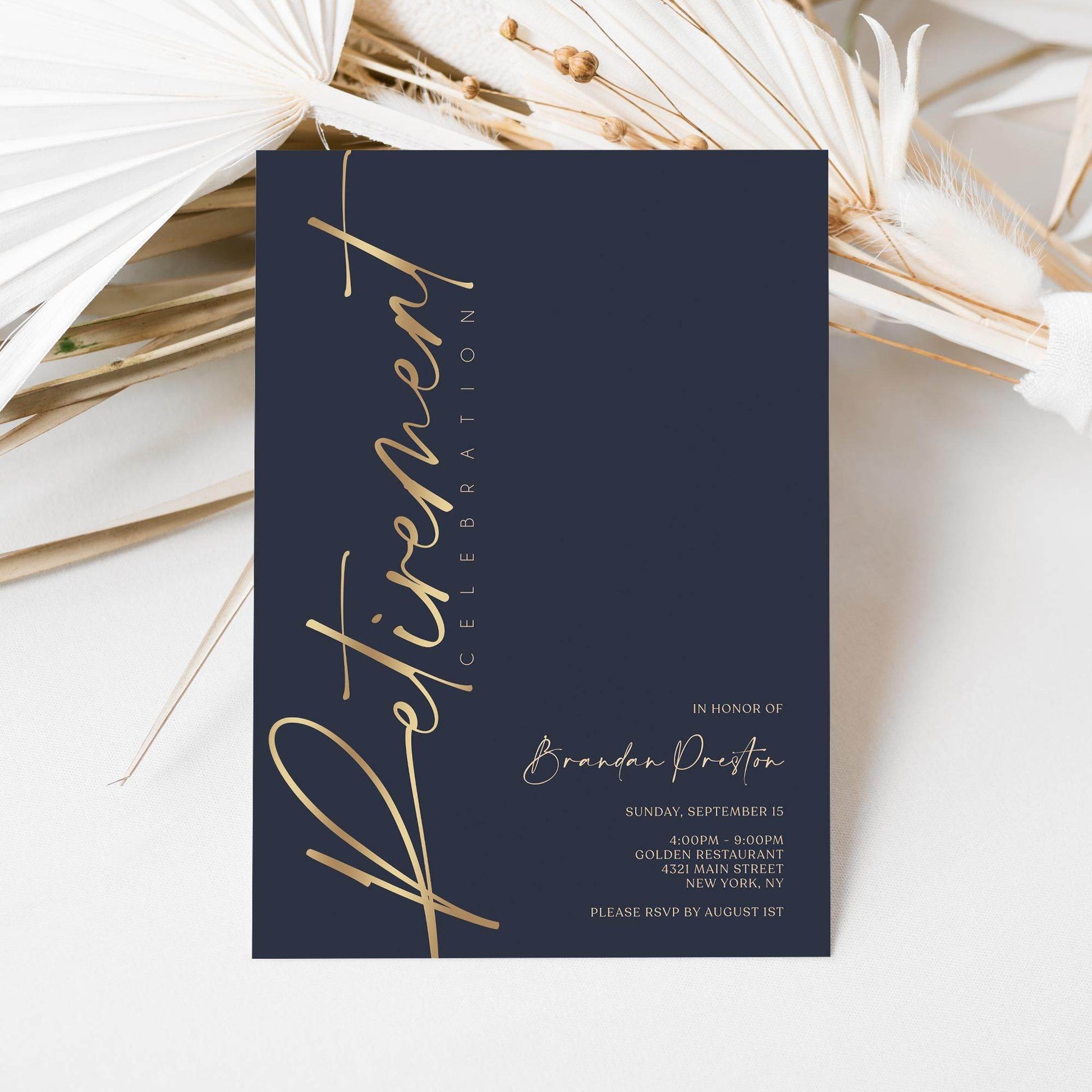 Navy Gold Retirement Party Invitation Template, Editable Digital Invite, Printable Retirement Card, Email & Text Message Evite, Instant Download