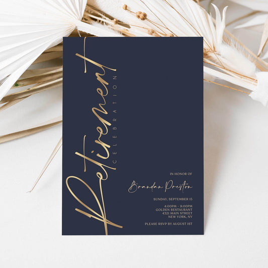 Navy Gold Retirement Party Invitation Template, Editable Digital Invite, Printable Retirement Card, Email & Text Message Evite, Instant Download