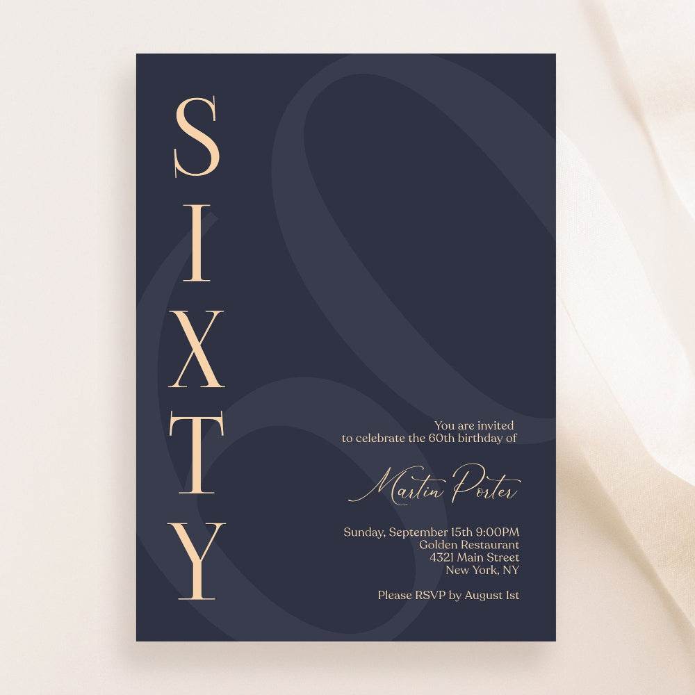 Navy 60th Birthday Invitation Template – Printable Minimalist Sixty Birthday Invite | Modern Elegant Men’s Birthday Evite | Editable Instant Download
