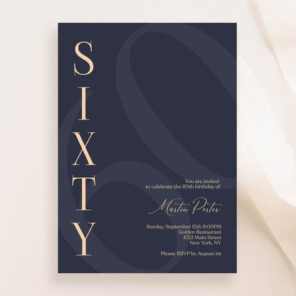 Navy 60th Birthday Invitation Template – Printable Minimalist Sixty Birthday Invite | Modern Elegant Men’s Birthday Evite | Editable Instant Download
