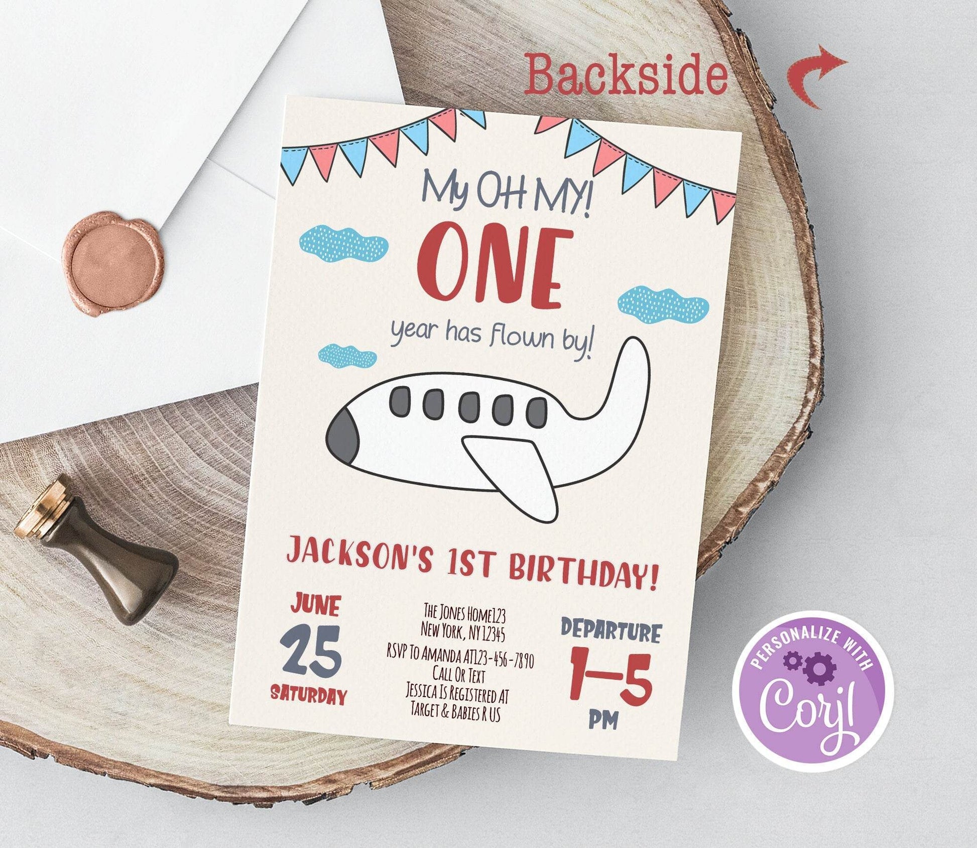 Airplane 1st Birthday Invitation EDITABLE Template, Printable Boy Plane Party First birthday invitation, red white blue, Instant Download