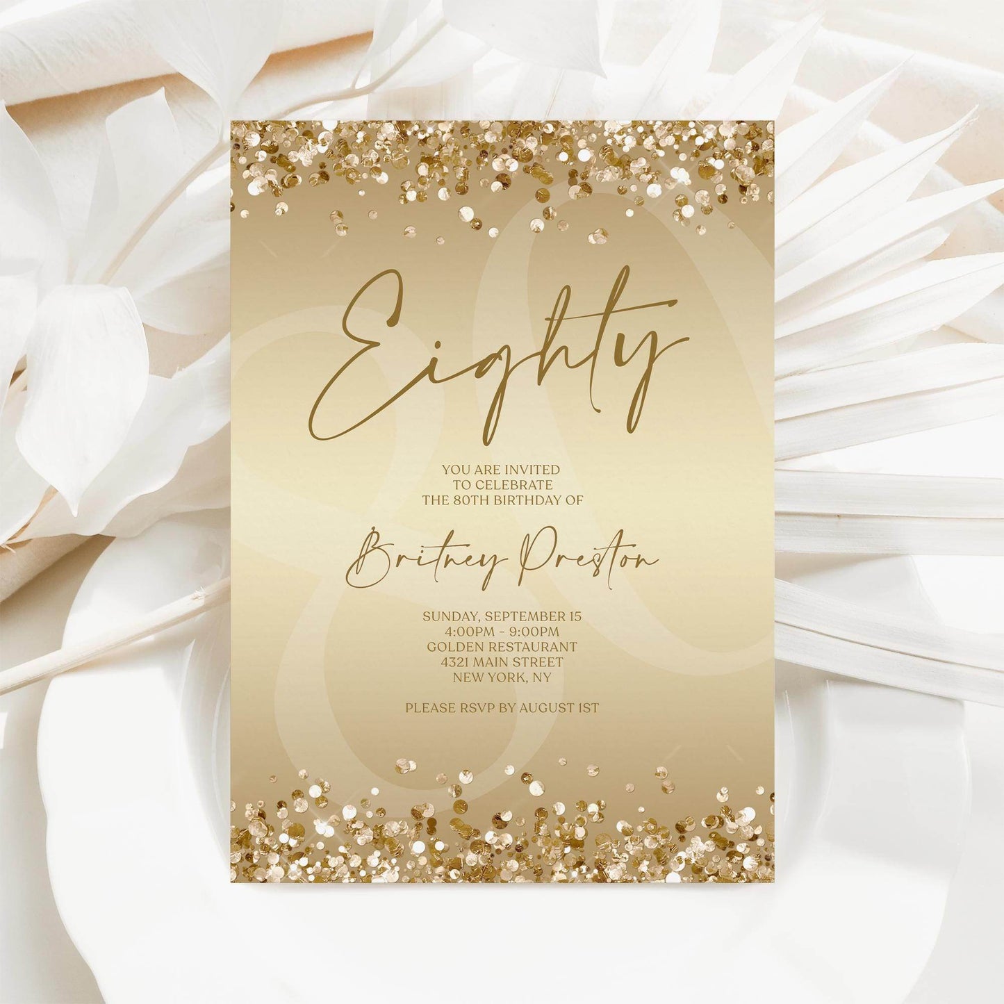 Gold 80th Birthday Invitation Template, Editable Gold Confetti Printable Invite, Surprise Party Card, Digital Text Message Evite