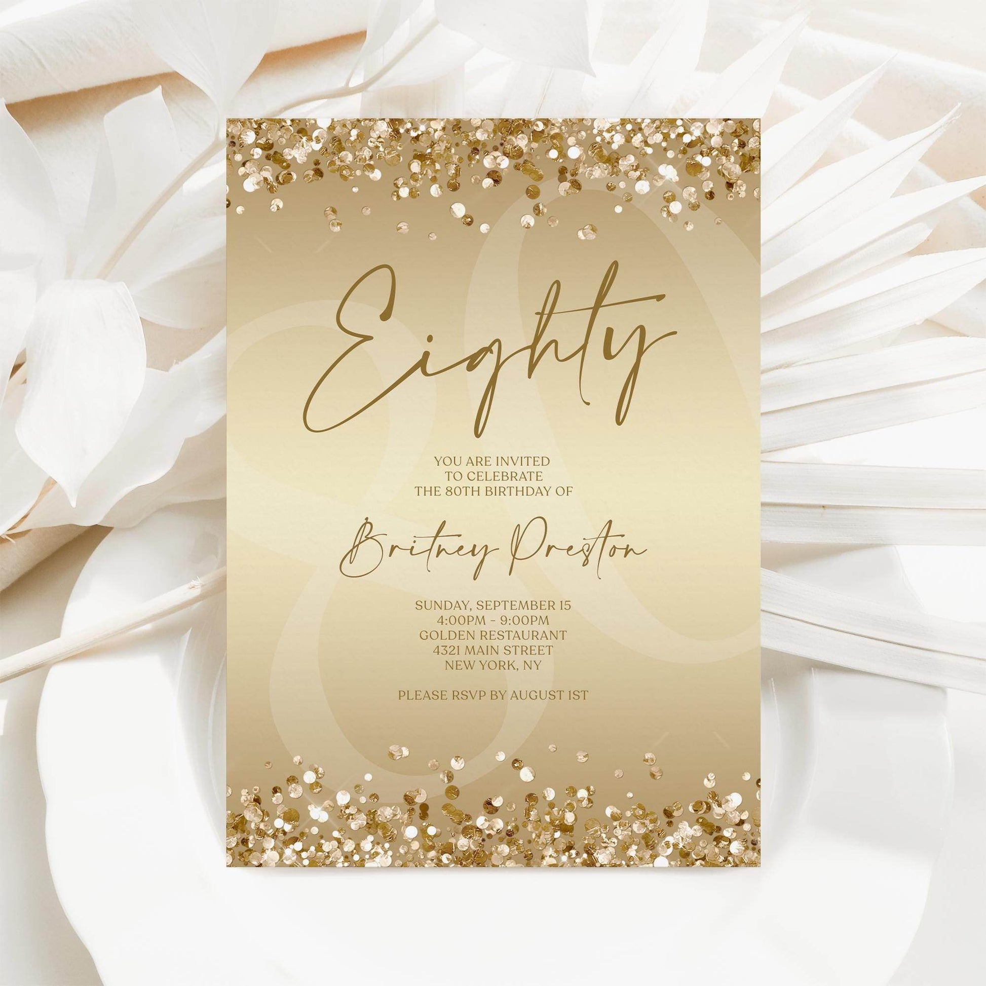 Gold 80th Birthday Invitation Template, Editable Gold Confetti Printable Invite, Surprise Party Card, Digital Text Message Evite