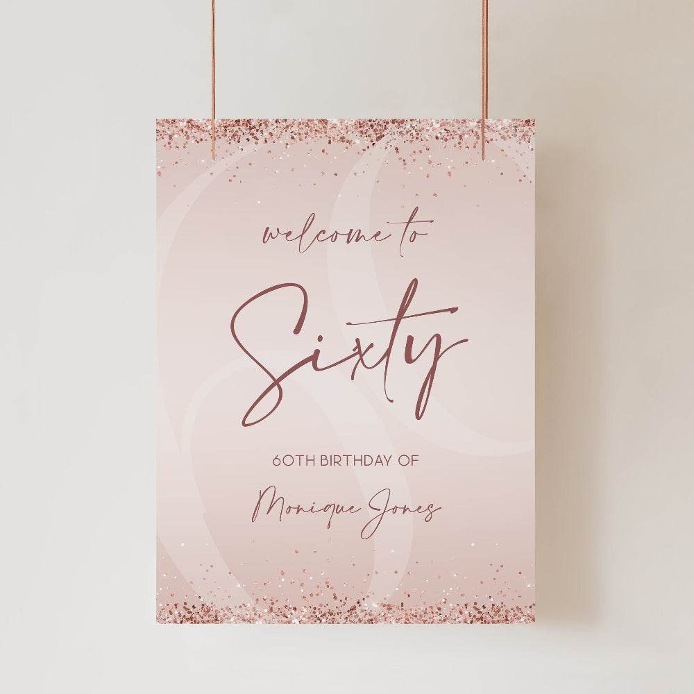 Printable 60th Birthday Party Welcome Sign, Editable Modern Rose Gold Glitter Pink Confetti Template, Sixty Birthday Welcome Poster, Instant Download