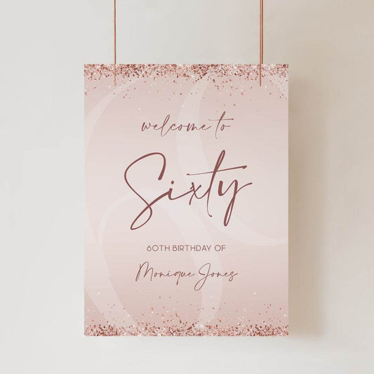 Printable 60th Birthday Party Welcome Sign, Editable Modern Rose Gold Glitter Pink Confetti Template, Sixty Birthday Welcome Poster, Instant Download