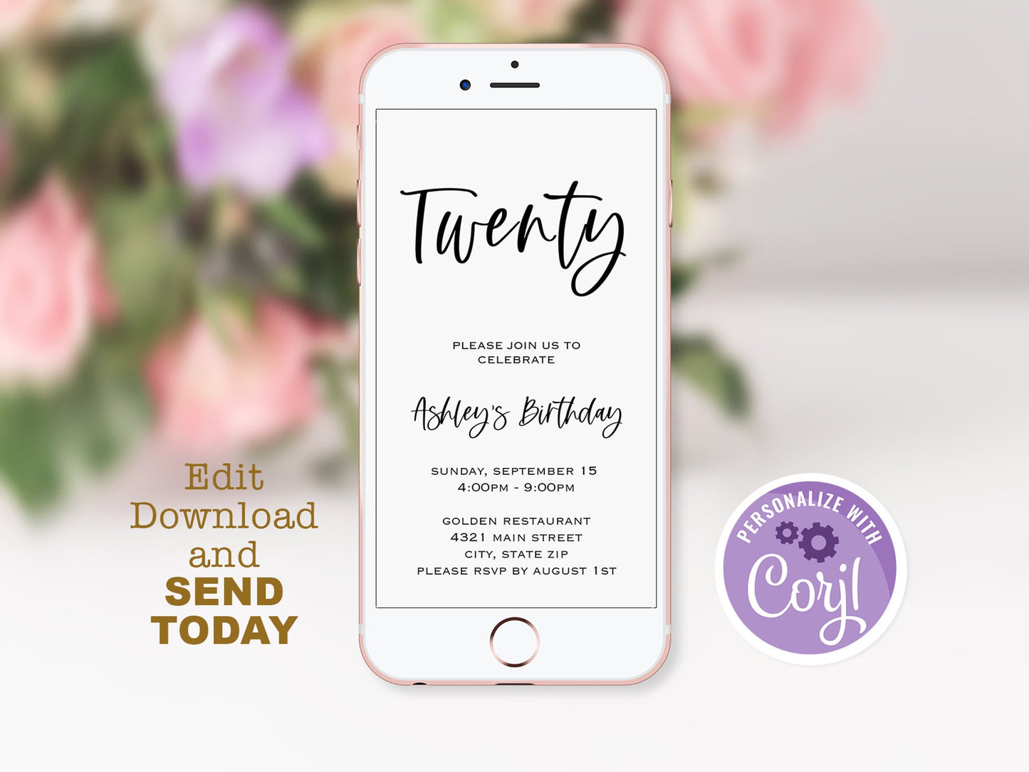 Electronic Simple 20th birthday text invitation template, twenty birthday text invite, Digital invitation, phone invite, instant download