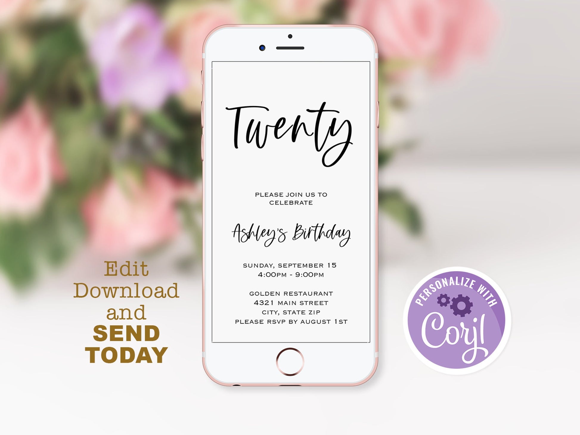 Electronic Simple 20th birthday text invitation template, twenty birthday text invite, Digital invitation, phone invite, instant download