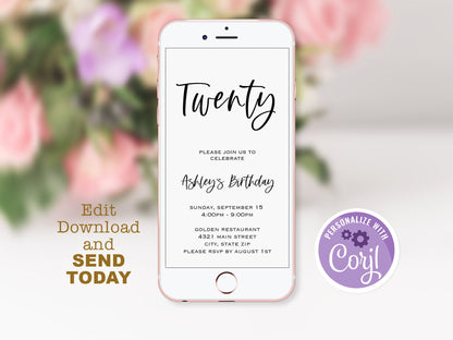 Electronic Simple 20th birthday text invitation template, twenty birthday text invite, Digital invitation, phone invite, instant download