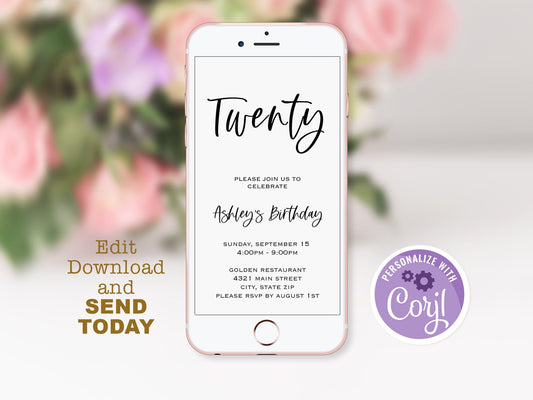 Electronic Simple 20th birthday text invitation template, twenty birthday text invite, Digital invitation, phone invite, instant download