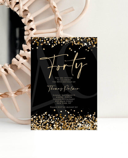 Printable Black Gold 40th Birthday Invitation Template, Editable Gold Confetti Invite, Luxury Mens 40th Birthday Party DIY Digital Download