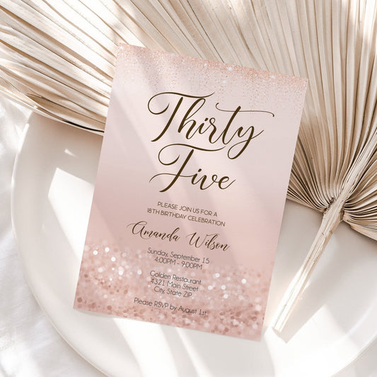 Luxury 35th Rose Gold Glitter Editable Thirty Five Birthday Invitation Template, Printable Invite, Text Digital Invitation, Instant Download
