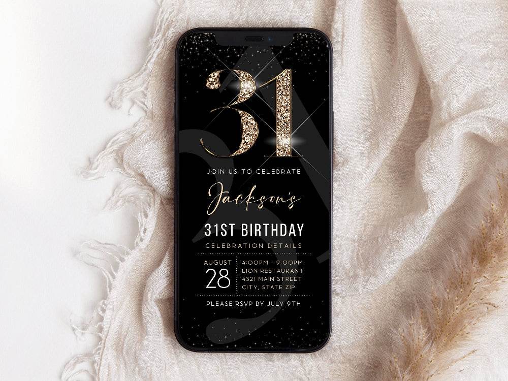 Digital 31st Birthday Invitation Template, Black Gold Party Evite, Editable 31st Birthday Mobile Phone Invite, Custom Electronic Modern Invitation