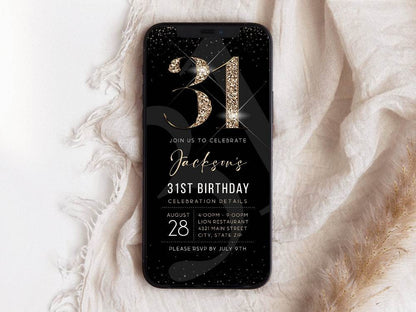Digital 31st Birthday Invitation Template, Black Gold Party Evite, Editable 31st Birthday Mobile Phone Invite, Custom Electronic Modern Invitation