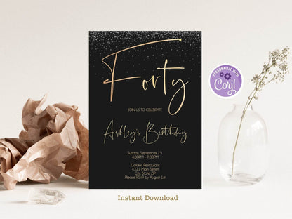 Gold 40th Birthday Invitation Template, Editable Fortieth Birthday Party Invite, Women Adult Birthday, Gold Confetti, Instant Download