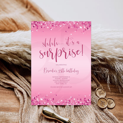 Surprise Birthday Invitation Template - Pink Confetti Design | Instant Download