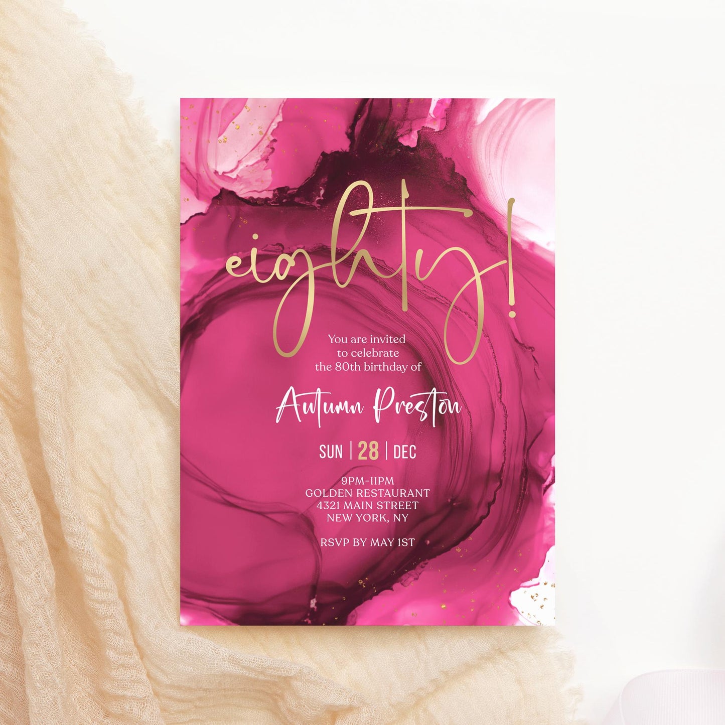 Fuchsia Pink and Gold 80th Birthday Invitation | Editable Surprise Party Invite Template | Printable Digital Download | Eighty Birthday Celebration