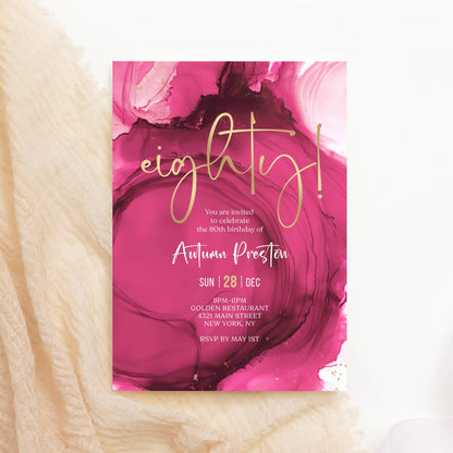 Fuchsia Pink and Gold 80th Birthday Invitation | Editable Surprise Party Invite Template | Printable Digital Download | Eighty Birthday Celebration