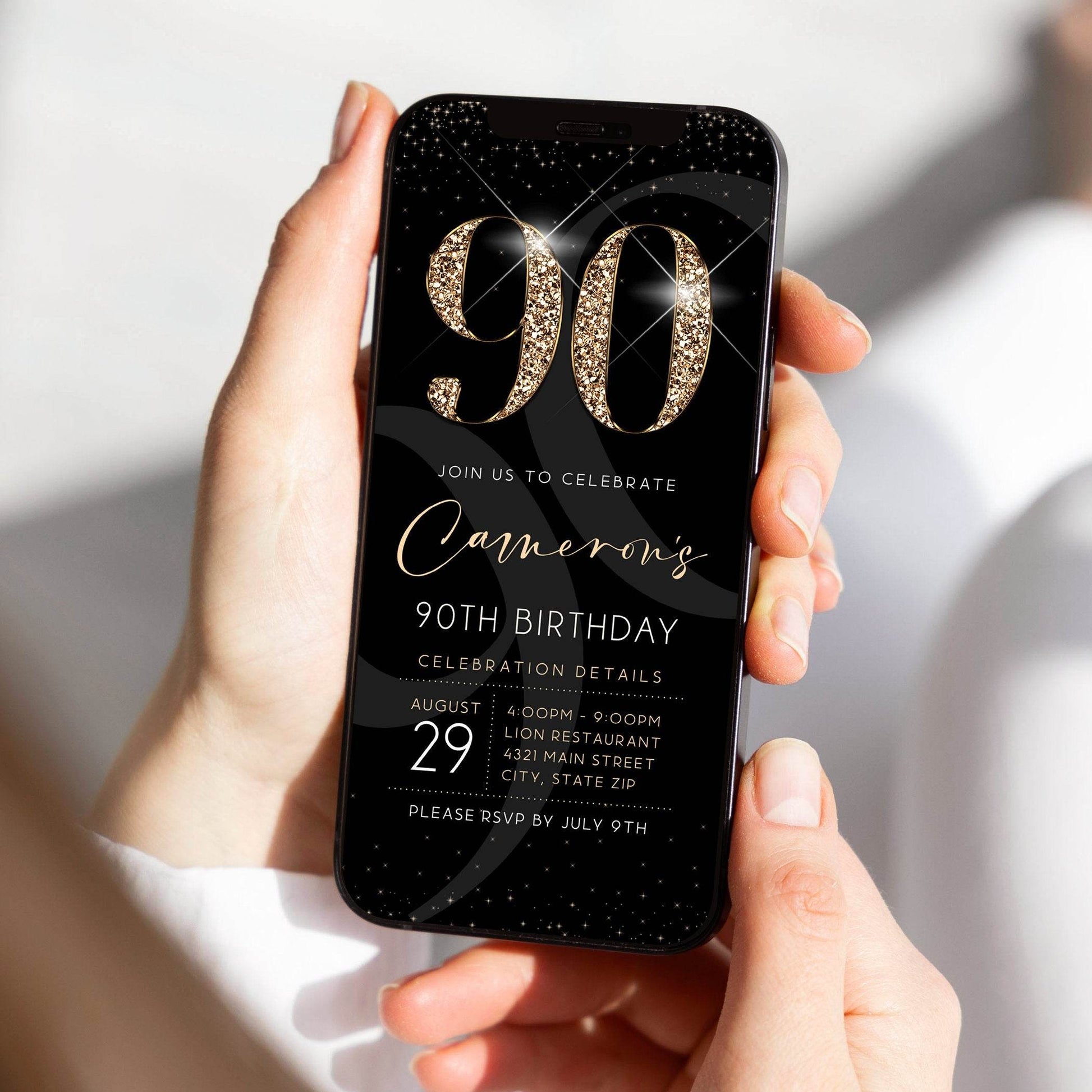 90th Birthday Invitation Template | Luxury Black & Gold Digital Evite | Editable Modern 90th Birthday Card | Text Message Phone Invite | Instant Download