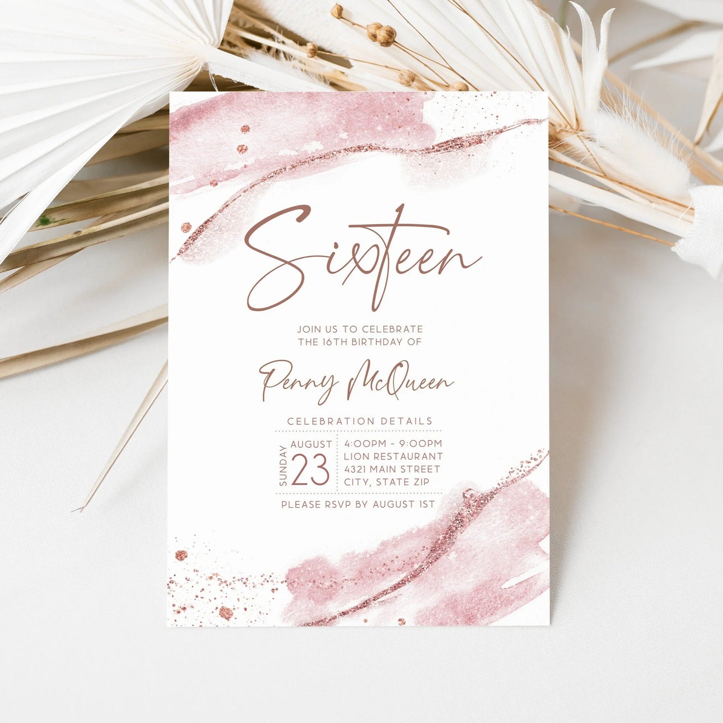 Rose Gold 16th Sixteen Birthday Invitation Template, Editable Rose Gold Watercolor Birthday Invitation, Printable Invite, Instant Download