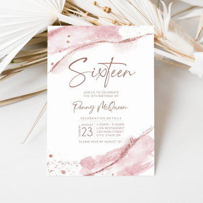 Rose Gold 16th Sixteen Birthday Invitation Template, Editable Rose Gold Watercolor Birthday Invitation, Printable Invite, Instant Download