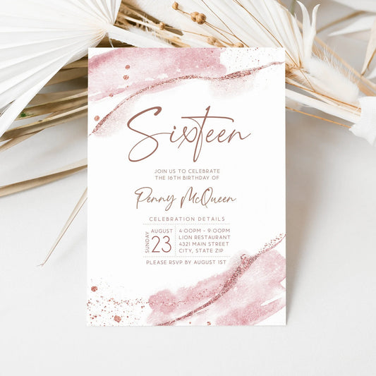 Rose Gold 16th Sixteen Birthday Invitation Template, Editable Rose Gold Watercolor Birthday Invitation, Printable Invite, Instant Download