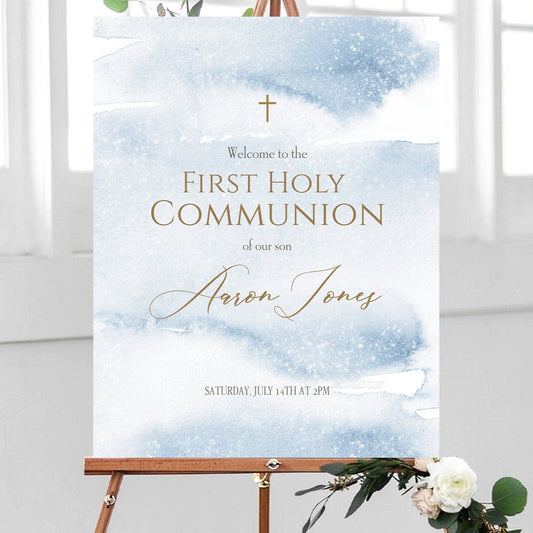 First Holy Communion Welcome Sign - Personalized Blue & Gold Design