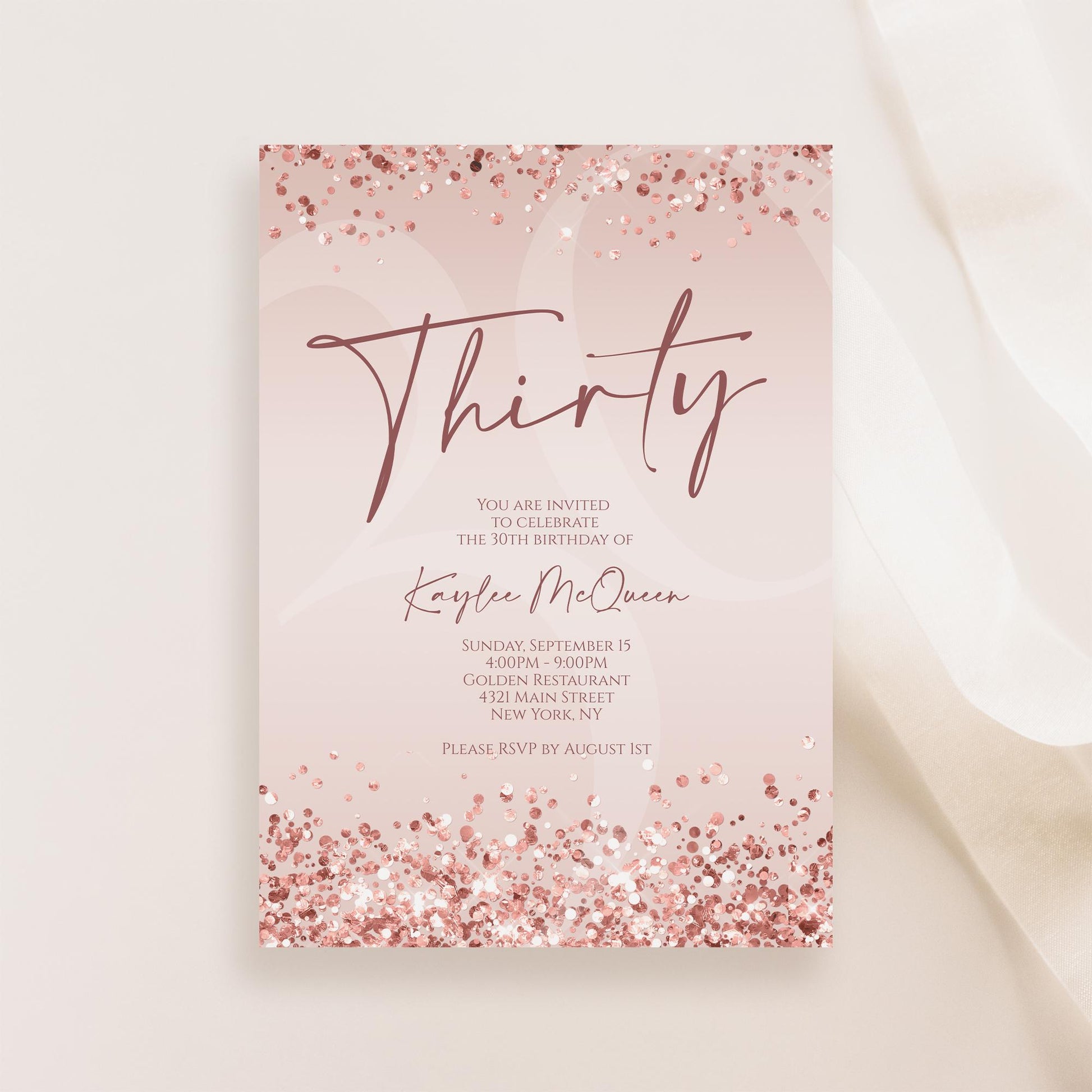 Rose Gold 30th Thirty Invitation Template Printable, Editable Rose Gold Confetti Birthday Invite, Email Text Message, Women Pink Invitation