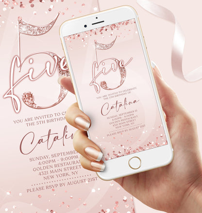 Digital Pink 5th Birthday Invitation Template | Instant Download | Rose Gold Foil Design