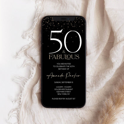Electronic Black Gold 50th Birthday Invitation Template | Fifty & Fabulous Editable Evite | Phone SMS Text Message Digital Invite | Instant Download