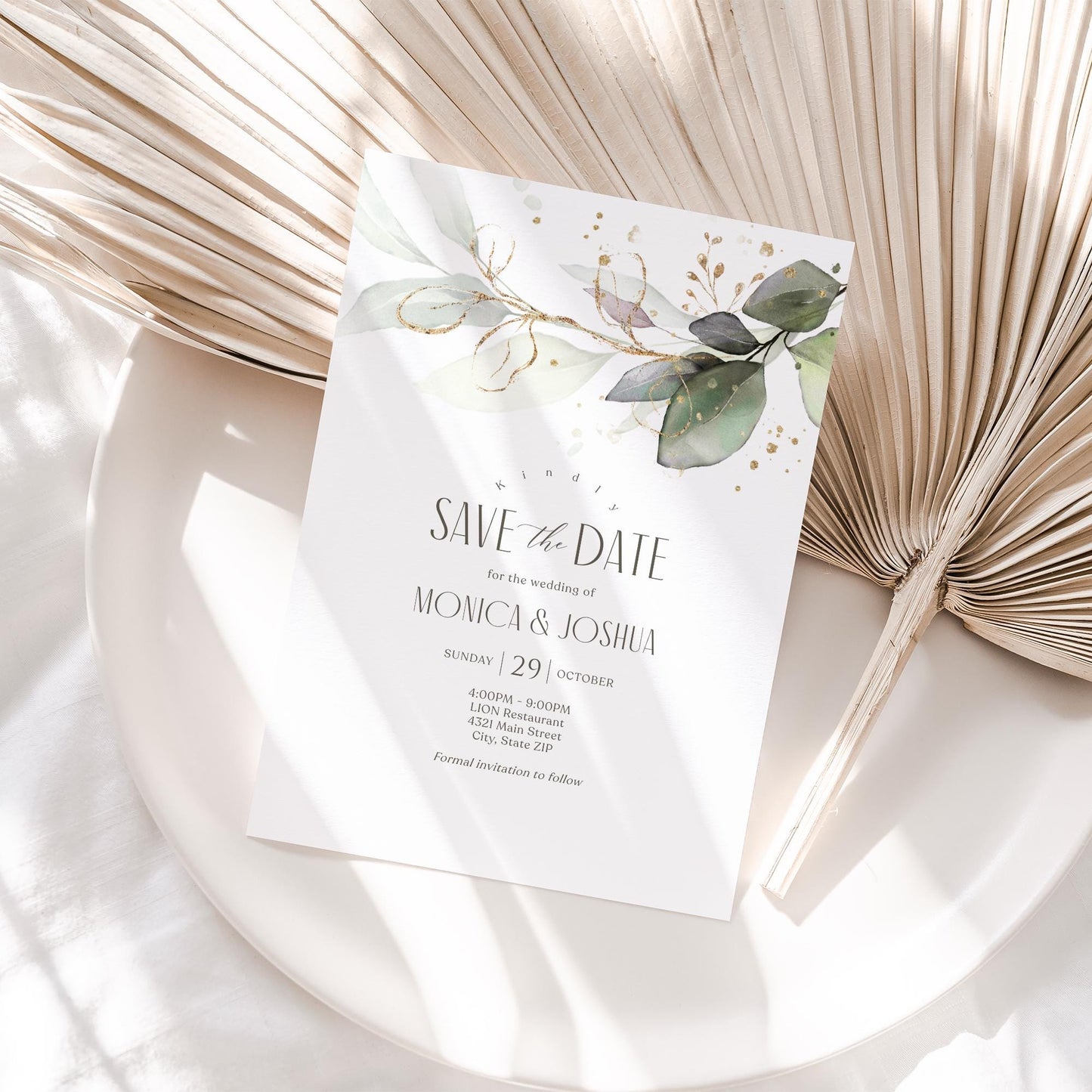 Kindly Save the Date Editable Invitation Card Template, Bohemian Greenery with Eucalyptus and Gold, Printable Elegant Wedding Invite Card