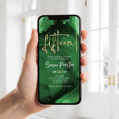15th Birthday Invitation Template | Green Emerald Gold | Editable Text Message Evite