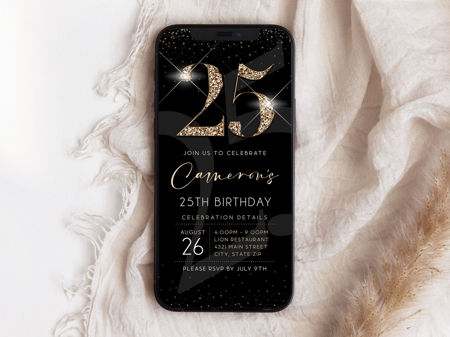 Luxury Digital 25th Twenty Five Birthday Evite Invitation Template, Electronic Black Gold Modern Invite, Text Message Evite, 25 Phone Invite