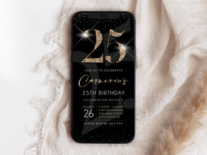 Luxury Digital 25th Twenty Five Birthday Evite Invitation Template, Electronic Black Gold Modern Invite, Text Message Evite, 25 Phone Invite