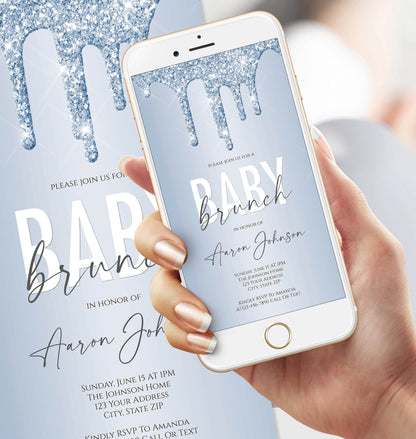 Digital Boy Baby Brunch Invitation Evite, Editable Blue Baby Brunch Invite, Custom Mobile Electronic Invitation, DIY Phone Text Evite