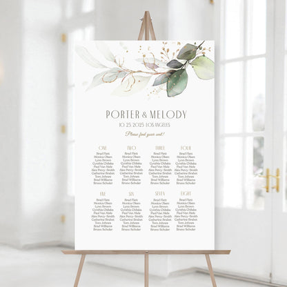 Greenery Wedding Seating Chart Sign Template, Printable Eucalyptus Wedding Seating Plan, Wedding Table Seating Chart Board, Instant Download