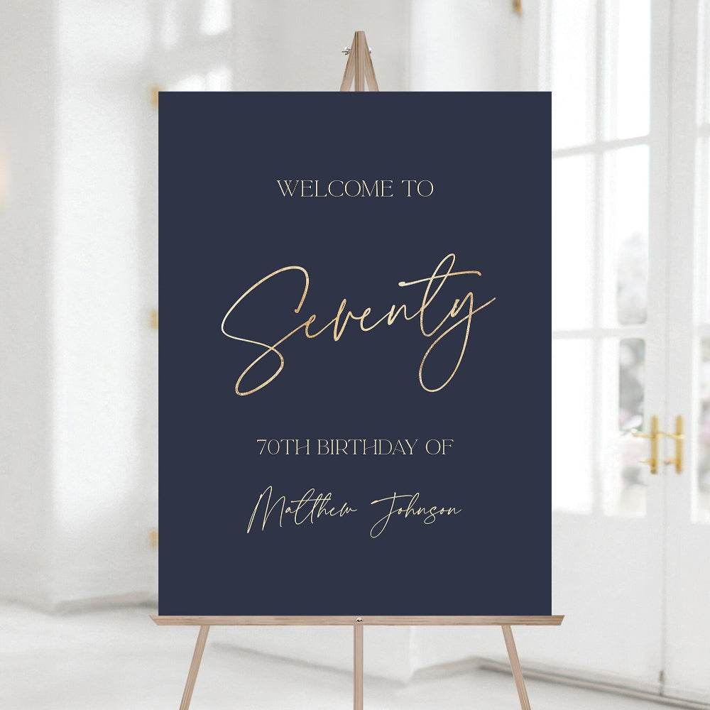 Printable Blue Navy 70th Birthday Welcome Sign Template – Editable Gold Foil Style Poster | Modern Birthday Welcome Sign | Instant Download