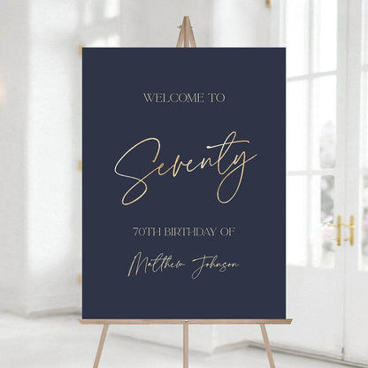 Printable Blue Navy 70th Birthday Welcome Sign Template – Editable Gold Foil Style Poster | Modern Birthday Welcome Sign | Instant Download
