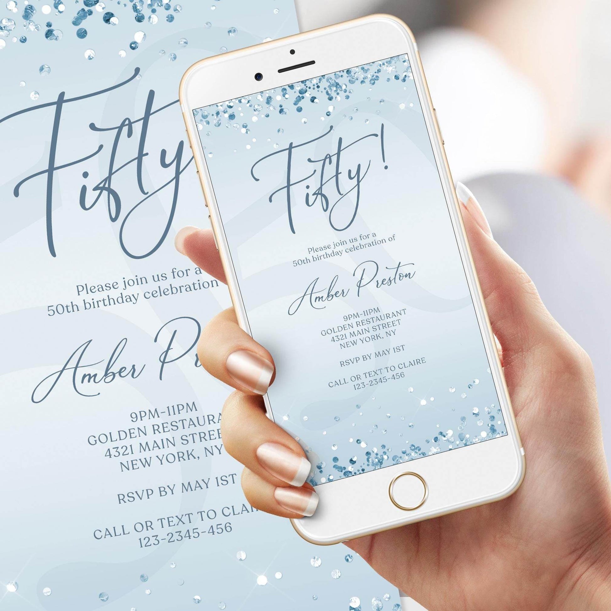 Electronic Blue Silver 50th Birthday Invitation Template – Editable Mobile Evite | Digital Text Message Invite | Instant Download