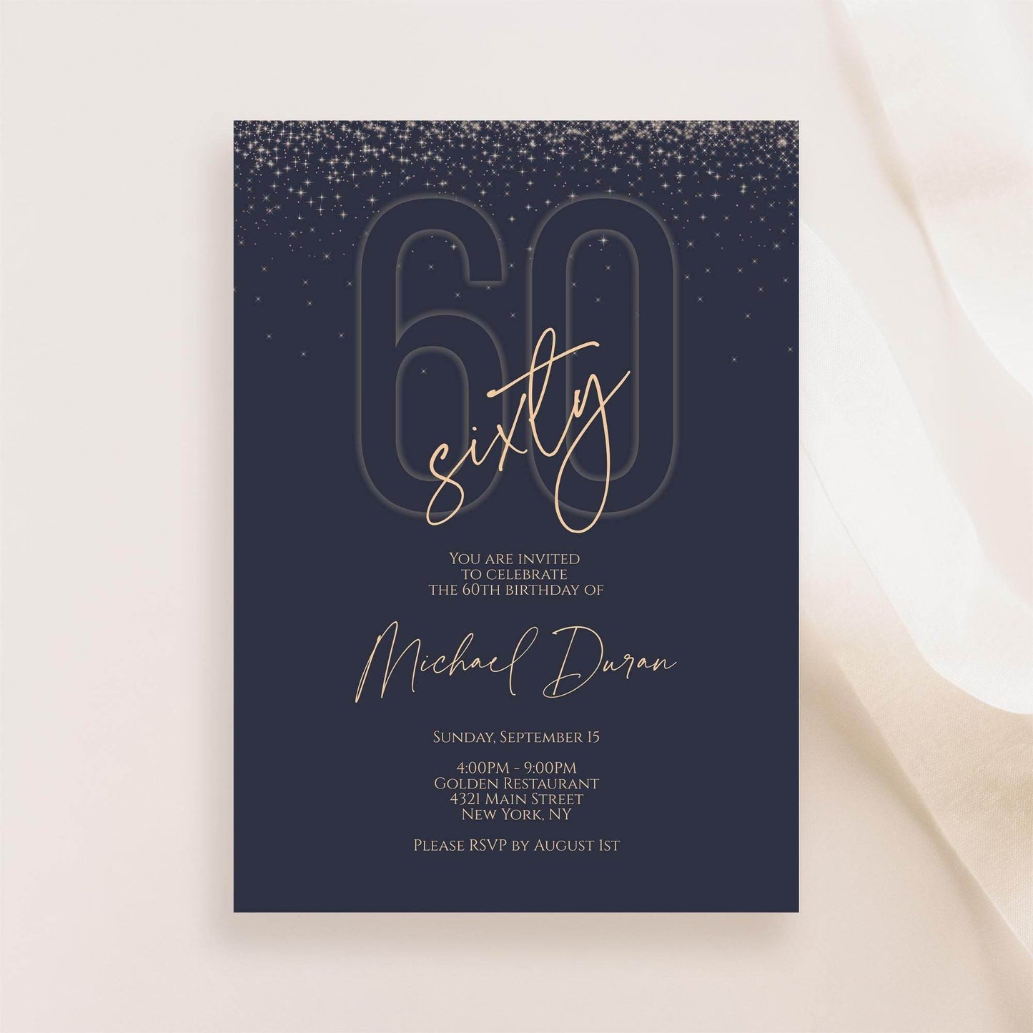 Printable Blue & Gold 60th Birthday Invitation – Editable Navy Digital Evite | Men's DIY Email or Text Message Invite Template