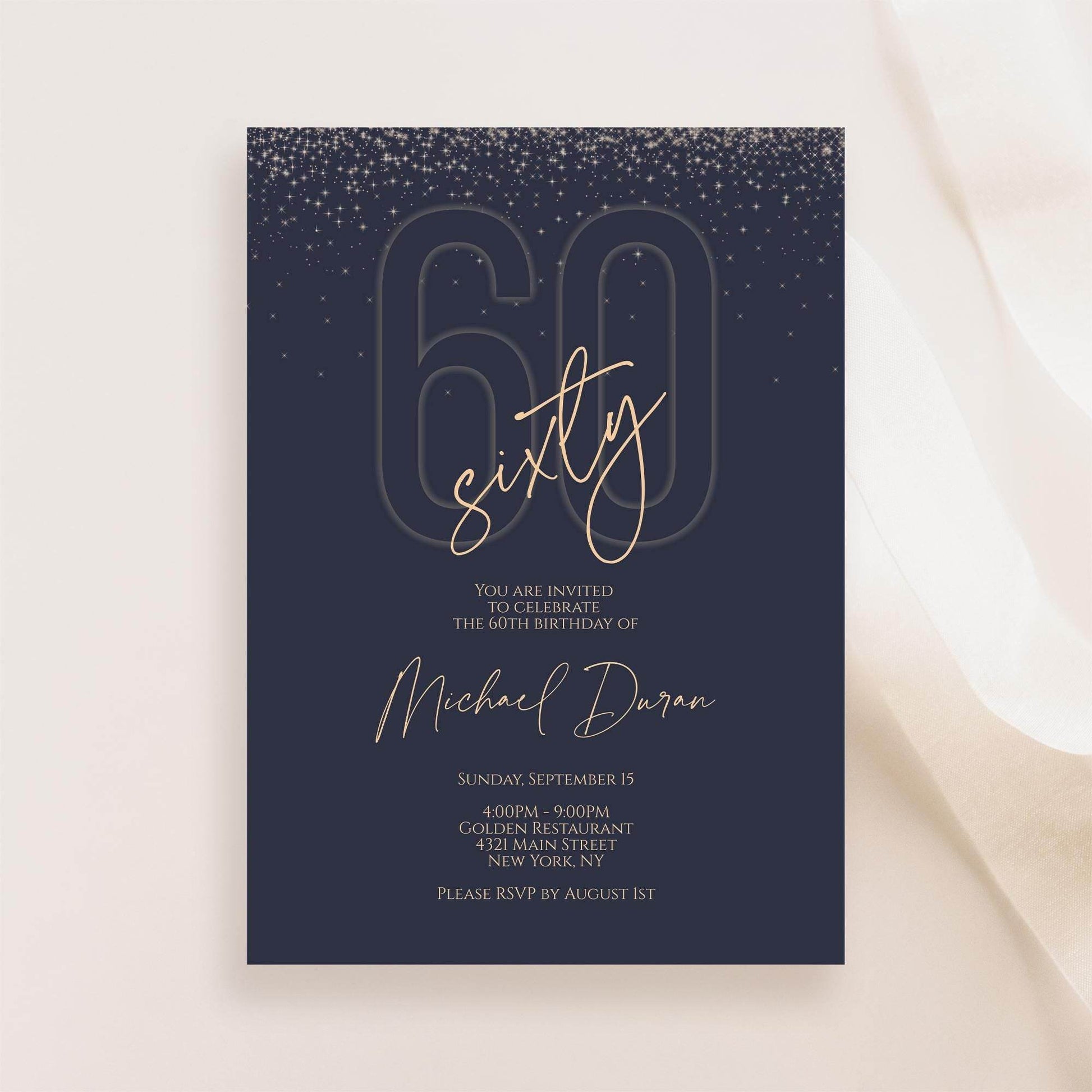 Printable Blue & Gold 60th Birthday Invitation – Editable Navy Digital Evite | Men's DIY Email or Text Message Invite Template